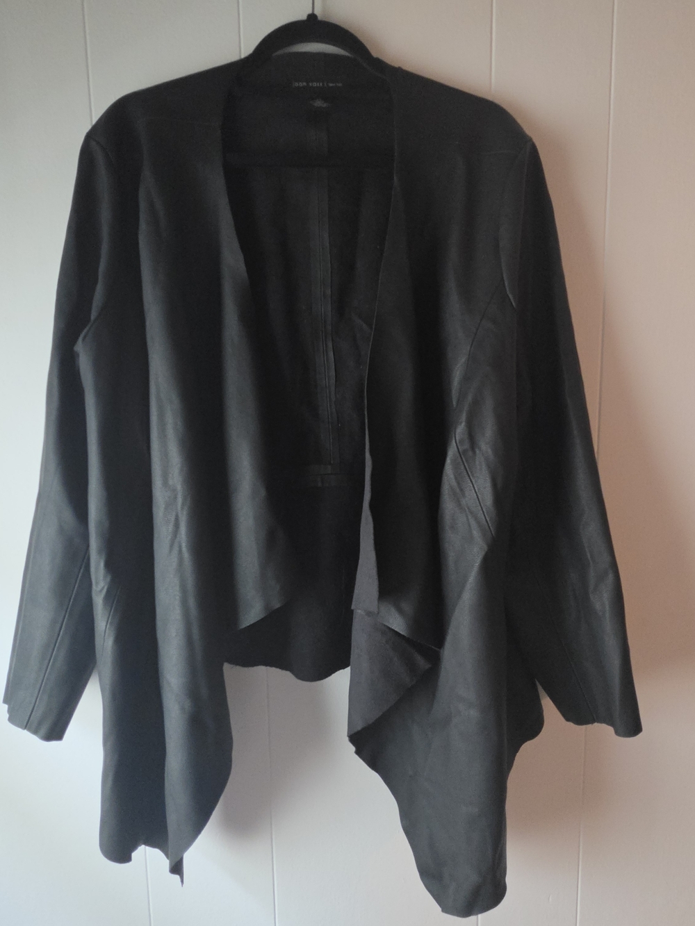 Joan Vass Black Faux Leather Open Front Waterfall Jacket 2X